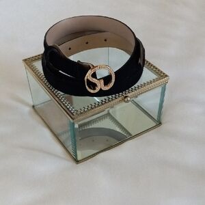 St. John Vintage Black Suede Belt with Crystal Logo Buckle – Size L
